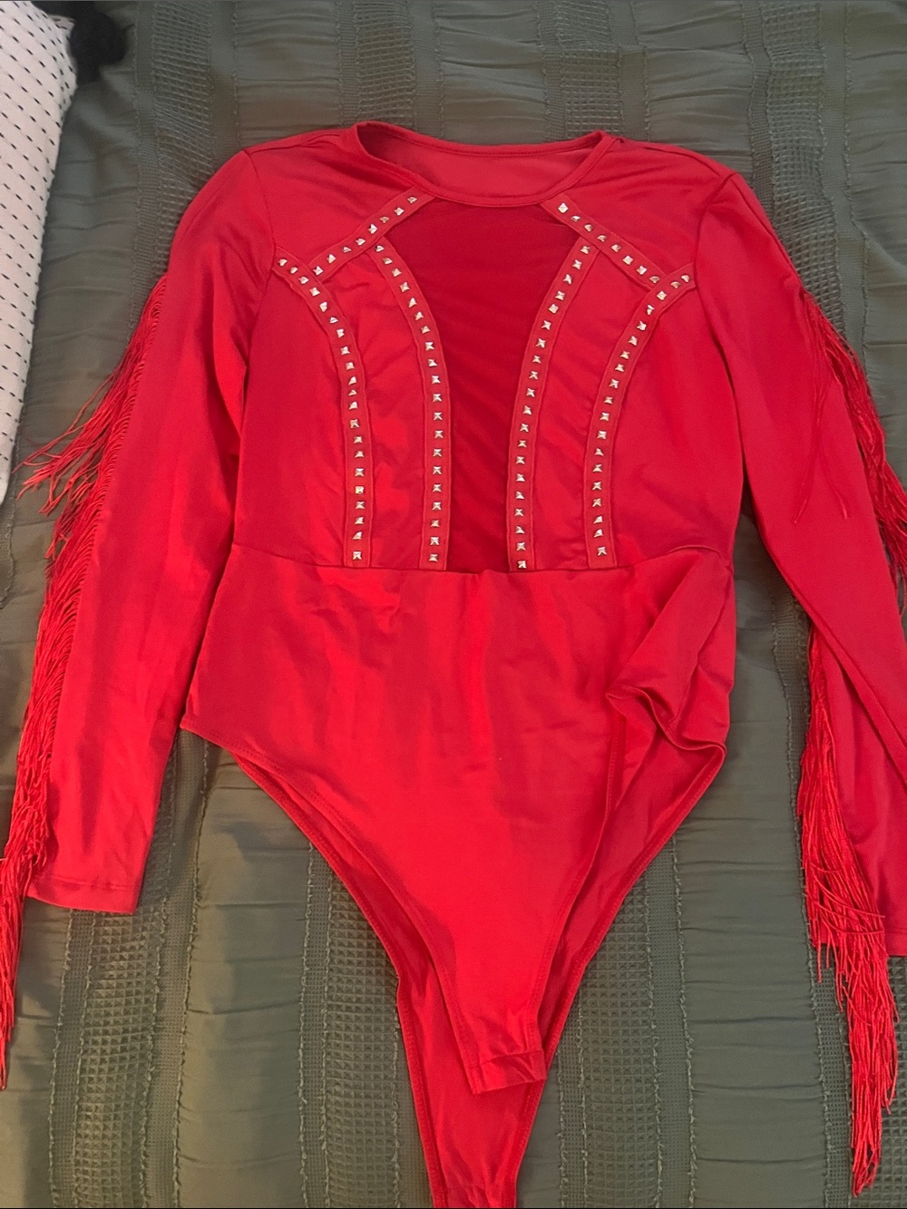 Amazon Red Long-Sleeve Fringe Bodysuit with Stud Detailing